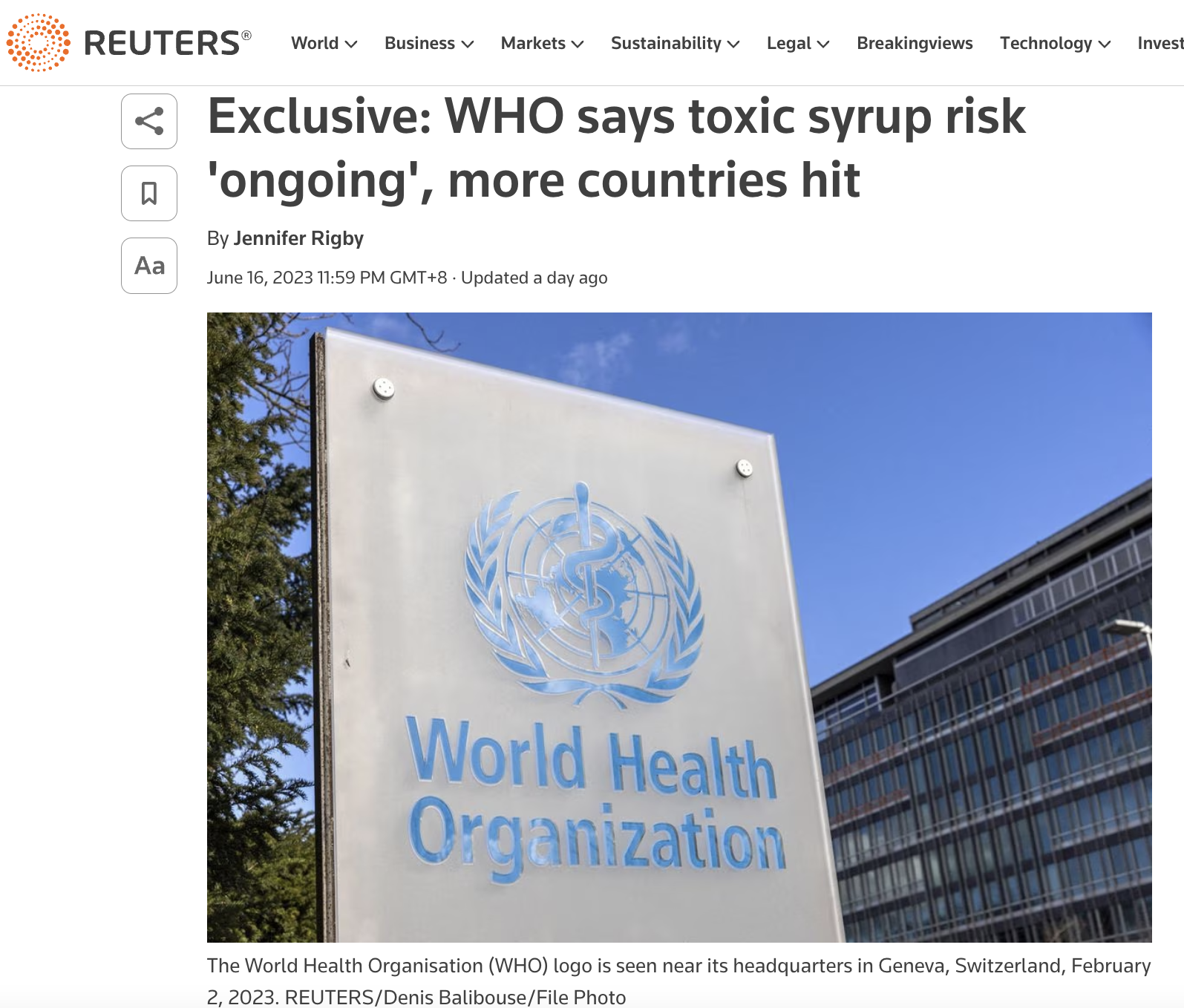 全球爆有毒兒童止咳水 WHO 正與 6 國追查中